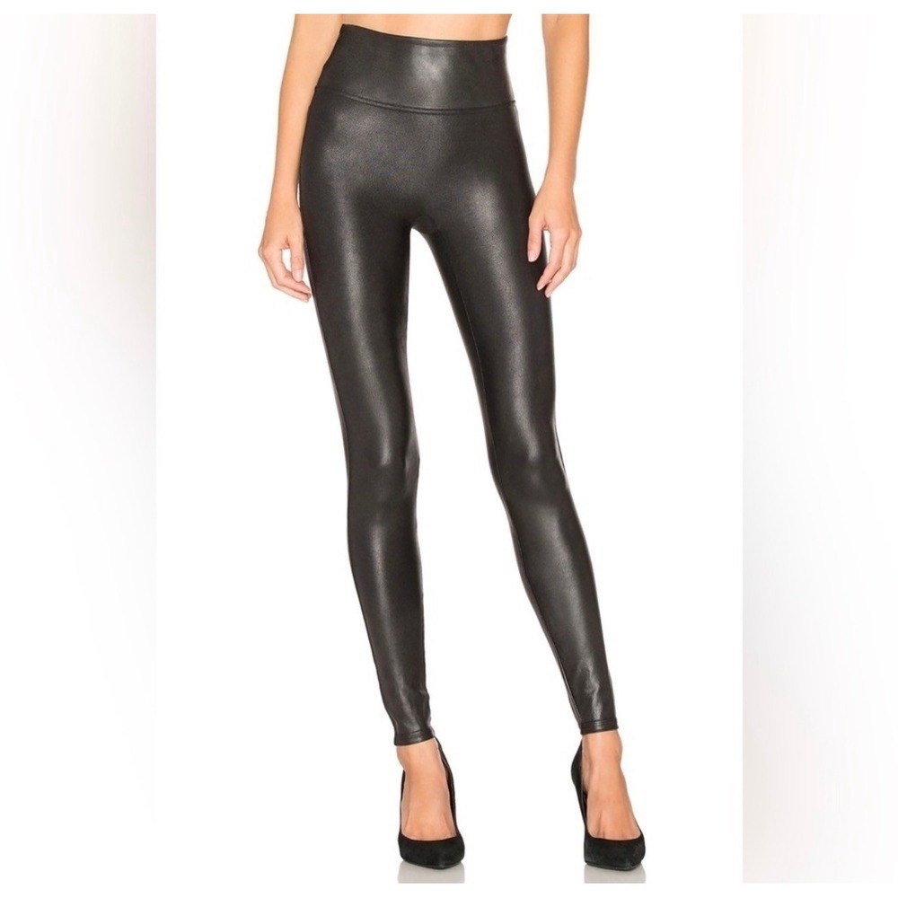 Spanx Faux Leather Leggings Black High Waisted‎ Tummy Control Medium Tall 2437T